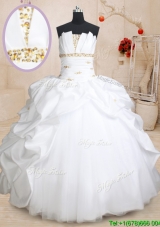 Modern Taffeta and Tulle Strapless White Quinceanera Dress with Beading and Pick Ups
