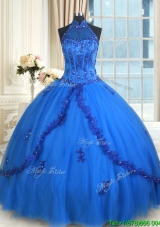 Elegant Visible Boning Halter Top Sweet 16 Dress with Appliques and Beading