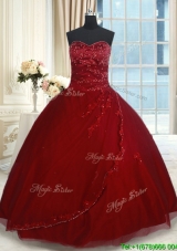 Elegant Applique and Beaded Tulle Quinceanera Dress in Wine Red