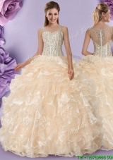 Elegant Visible Boning See Through Back Champagne Quinceanera Dress with Beading