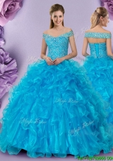 Cheap Beaded Decorated Off the Shoulder Laced Bodice Sweet 16 Dress with Ruffles
