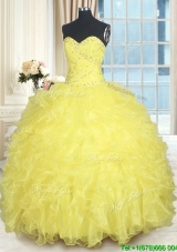 Cheap Yellow Organza Quinceanera Dress with Ruffles and Beading