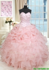 Hot Sale Baby Pink Organza Pick Ups Quinceanera Dress with Ruffles and Beading