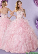 Lovely Zipper Up Ruffled and Beaded Top Quinceanera Dress in Baby Pink