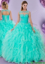 Best Selling Scoop Turquoise Quinceanera Gown with Ruffles and Beading