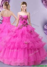 Perfect Handmade Flower and Ruffled Layers Hot Pink Quinceanera Dress in Tulle