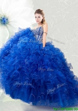 Cheap Visible Boning Royal Blue Quinceanera Gown with Ruffles and Beaded Bodice