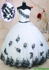 New Style Ball Gown White Sweet 15 Dress with Black Appliques