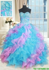 Classical Ruffled and Beaded Lilac and Aqua Blue Quinceanera Dress in Organza