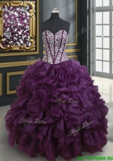 Unique Visible Boning Dark Purple Quinceanera Dress with Beaded Bodice and Ruffles