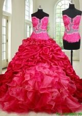 Fashionable Organza and Taffeta Coral Red Detachable Quinceanera Dress with Court Train