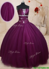 Best Big Puffy Strapless Beaded Tulle Quinceanera Dress in Dark Purple for Fall