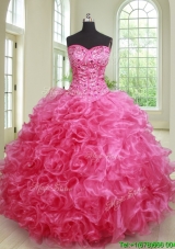 Elegant Puffy Skirt Ruffled and Beaded Hot Pink Quinceanera Dress in Organza