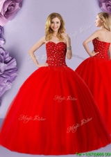 Luxurious Really Puffy Beaded Bodice Quinceanera Dress in Red