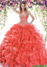 Romantic Ruffled and Beaded Organza Quinceanera Dress in Rust Red