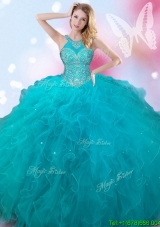 Luxurious Halter Top Teal Quinceanera Dress with Beading and Ruffles