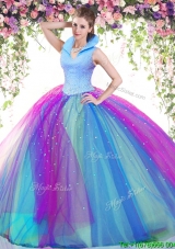 Modest High Neck Rainbow Backless Quinceanera Dress with Beading