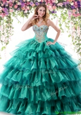 Fashionable Ruffled Layers and Beaded Turquoise Quinceanera Dress in Organza