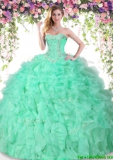 Luxurious Beaded and Ruffled Organza Quinceanera Dress in Apple Green