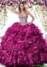 Affordable Beaded and Ruffled Big Puffy Quinceanera Dress in Fuchsia