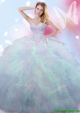 Discount Beaded and Ruffled Rainbow Quinceanera Dress in Tulle