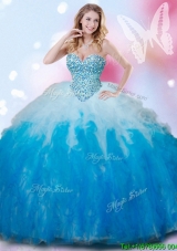 Perfect White and Aqua Blue Quinceanera Dress with Beading and Ruffles