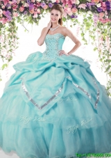 Latest Beaded and Pick Ups Quinceanera Dress in Aqua Blue for Summer