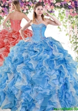 Luxurious Beaded and Ruffled Quinceanera Dress in Baby Blue and White