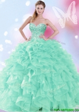 Modest Beaded and Ruffled Quinceanera Dress in Apple Green
