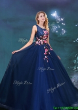Fashionable Scoop Applique Decorated Bodice Navy Blue Quinceanera Gown