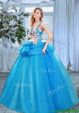 Pretty Applique and Handcrafted Flowers Blue Quinceanera Gown with Scoop