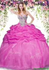 Exquisite Beaded and Pick Ups Quinceanera Dress in Hot Pink for Summer