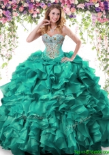 Hot Sale Turquoise Organza Quinceanera Dress with Beading and Ruffles