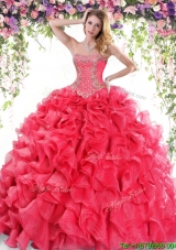 Beautiful Beaded and Ruffled Red Quinceanera Dress in Organza