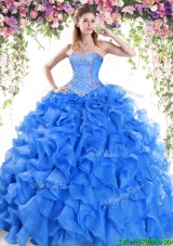 Cheap Brush Train Big Puffy Quinceanera Dress with Ruffles and Beading