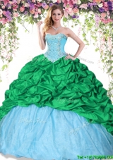 Latest Baby Blue and Green Quinceanera Dress with Beading and Pick Ups