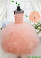 Cheap Zipper Up Laced and Ruffled Peach Little Girl Pageant Dress in Tulle