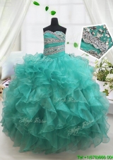Pretty Beaded and Ruffled Turquoise Little Girl Pageant Dress in Organza