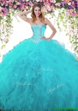 Simple Beaded and Ruffled Big Puffy Quinceanera Dress in Teal