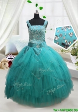 Wonderful Square Turquoise Little Girl Pageant Dress with Beading and Belt