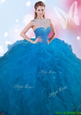 Wonderful Beaded and Ruffled High Neck Quinceanera Dress in Tulle