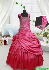 Sweet Applique Decorated Straps Taffeta Little Girl Pageant Dress with Beading