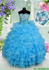 Fashionable Visible Boning Strapless Baby Blue Little Girl Pageant Dress with Ruffled Layers