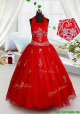 Hot Sale Halter Top Beaded and Applique Flower Girl Dress in Red