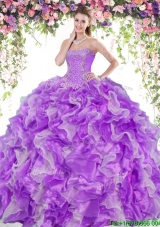 Luxurious Beading and Ruffles Quinceanera Dress in Eggplant Purple and White