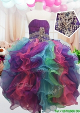 Lovely Strapless Rainbow Colored Little Girl Pageant Dress with Beading and Ruffles
