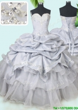 2017 Classical Organza and Taffeta Grey Quinceanera Dress with Beading and Pick Ups