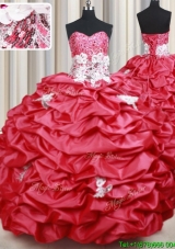 2017 New Style Applique and Bubble Taffeta Coral Red Quinceanera Dress with Brush Train