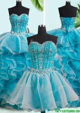 2017 Best Selling Ruffled and Beaded Teal and White Detachable Quinceanera Dresses with Brush Train