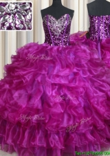 2017 Visible Boning Beaded and Sequined Organza Purple Quinceanera Dress with Ruffles